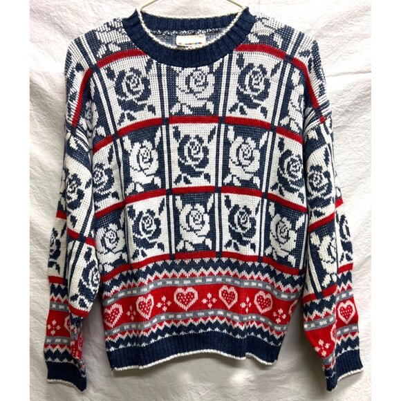 Vintage HOT CASHEWS Sweater L ARGE Roses Hearts Pattern Nordic 80s 90s - Picture 2 of 4